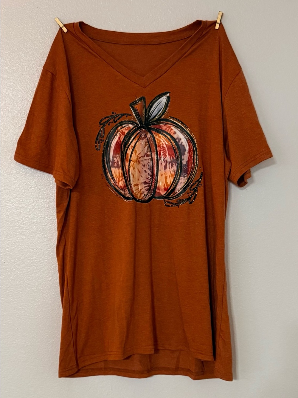 Fall Pumpkin Graphic Tee Rust Orange V Neck T Shirt Size L